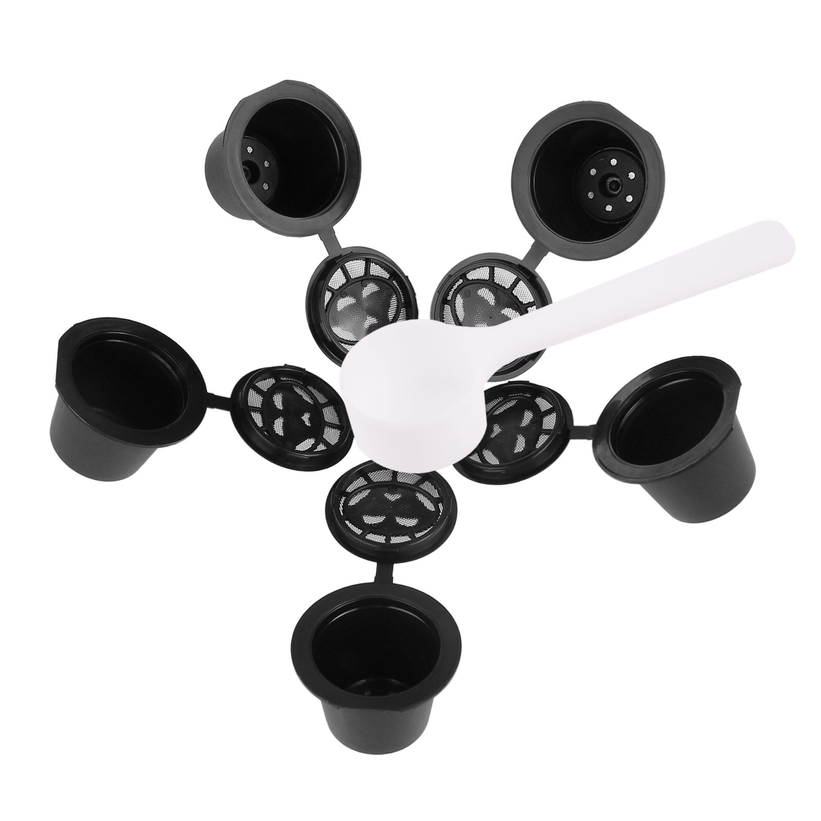 5 Reusable Single Cup Coffee Filter Pod Coffee Stainless Mesh Capsules + Coffee Spoon by