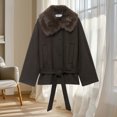 thumbnail image 5 of Womens Faux Leather Trench Coat Winter Warm Faux Fur Lined Pea Coat Trendy Long Sleeve Belted Jacket Casual Stylish Tops (L, Khaki), 5 of 7
