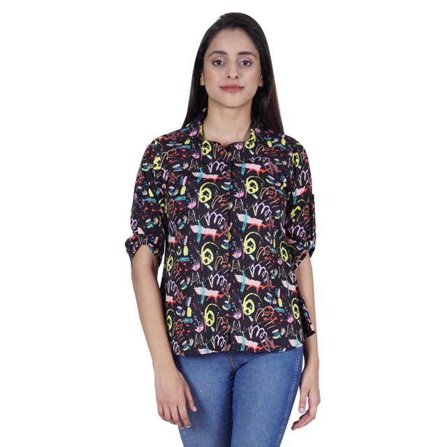 Moomaya Womens Imprimé Haut Roll-Up & nbsp; Manches Col Boutonné Chemise