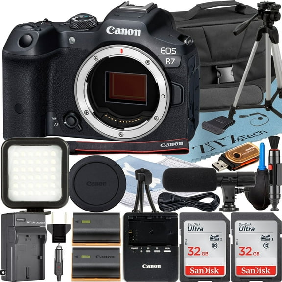 Canon EOS R7 Mirrorless Camera (Body) with 2 Pack SanDisk 32GB Memory Card   Case   ZeeTech Accessory
