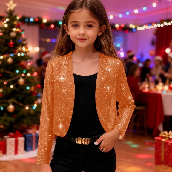 dazeni Girls 4-14 Years Long Sleeve Sequin Cropped Cradigan Jackets Open Front Shrug Bolero for Dress Trendy Party Sparkly Cardigans Coat Orange 5 Years