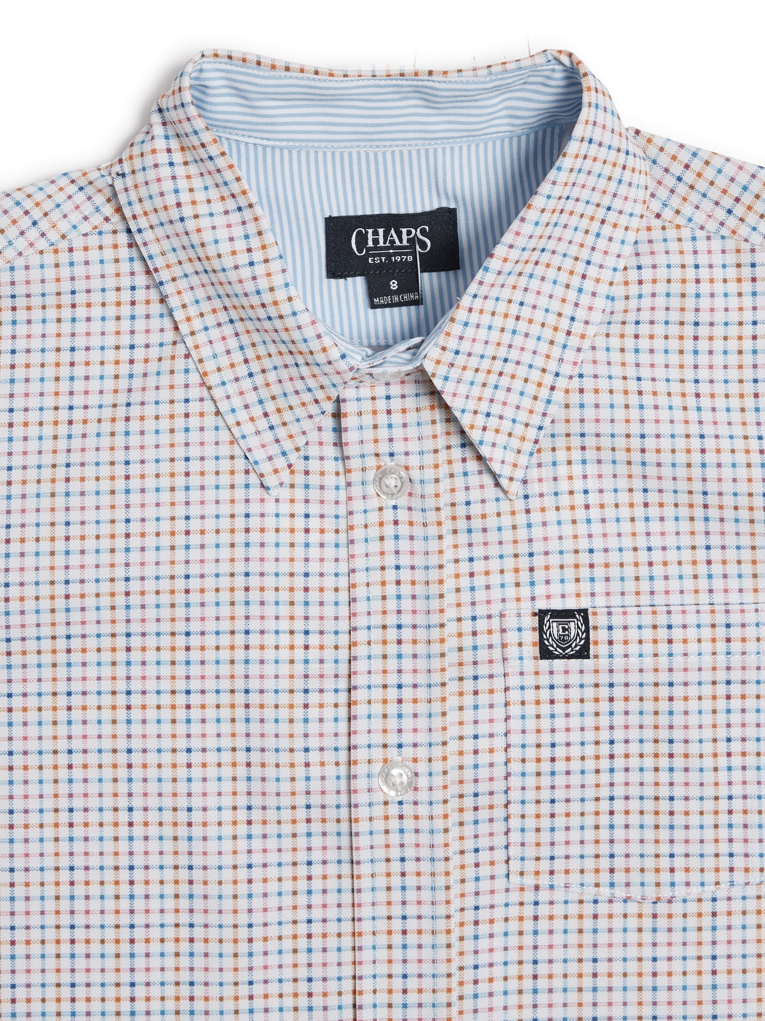 Chaps Boys Stain and Wrinkle Resistant Printed Button Down Shirt with UPF 50, Sizes 4-18
