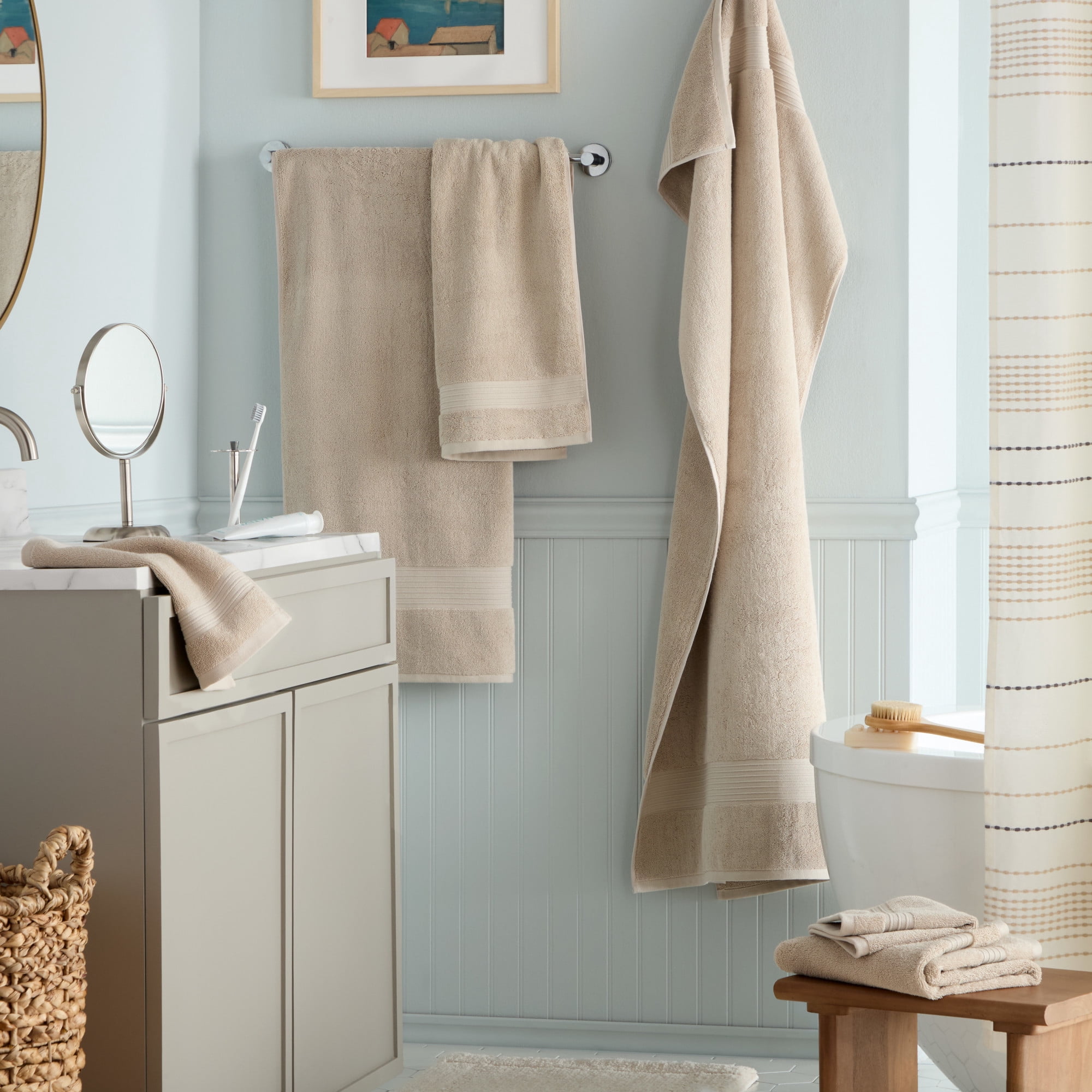 TOWN & COUNTRY EVERYDAY 6-Piece Assorted Solid Dobby Border Set, 2-Bath Towels, 2-Hand Towels, 2-Washcloths, 100% Cotton, Plush & Absorbent 650GSM, Beige