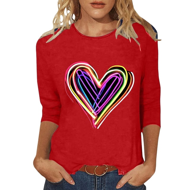 Mujeres Tres Cuartos de Manga Tops Día de San Valentín Impreso Suelto Cuello Redondo Suéter, Suelto Ajuste Tops para las Mujeres Vestir Fiesta Casual