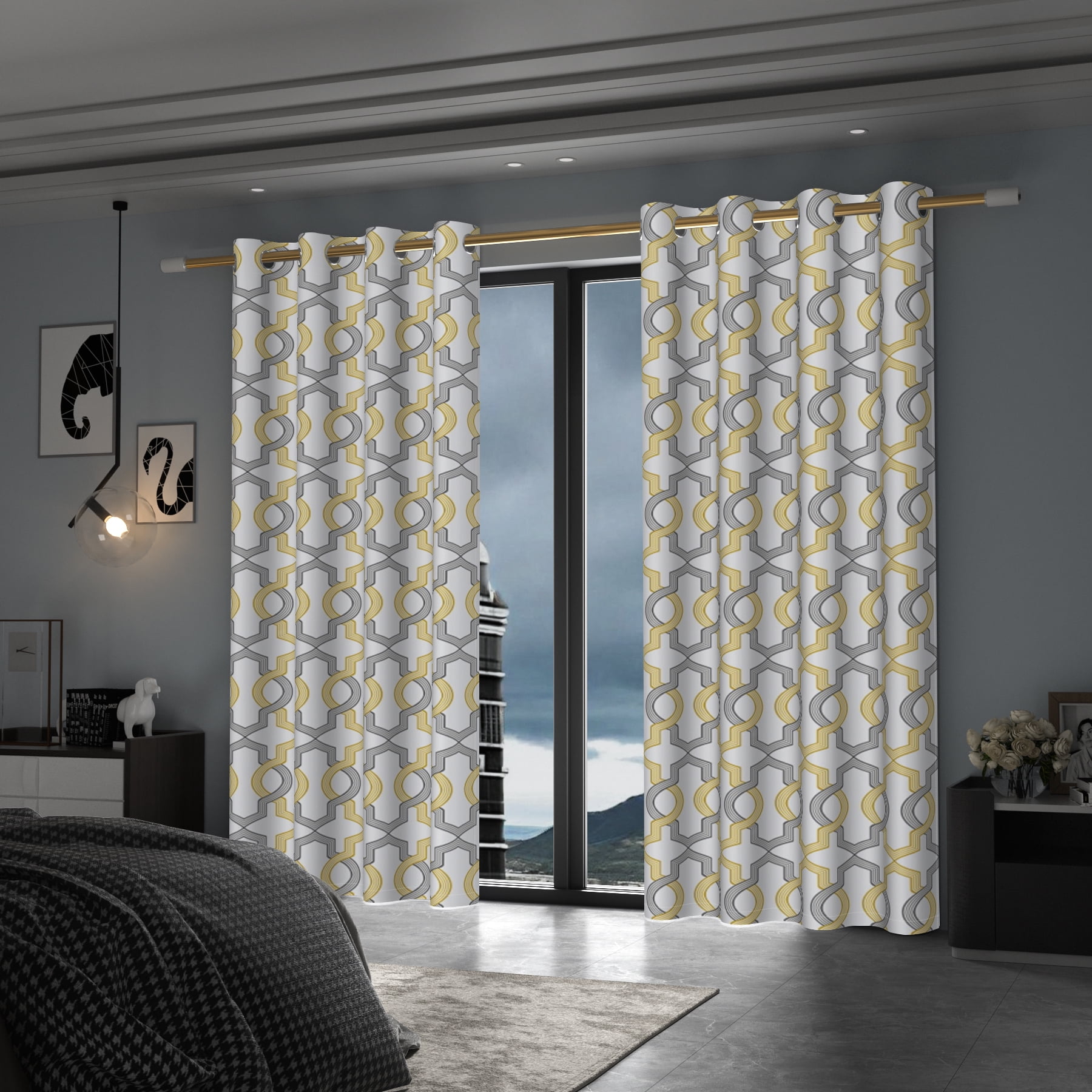 Lfeey Blackout Curtains for Bedroom, Plaid Yellow Gray Geometric Pattern Curtains with Top Grommets, 52"x84", 2 Panels
