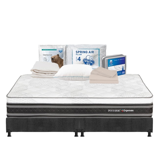 Colchón King Size Ergosum Restonic + Box + Almohada + Protector de Colchón + Juego de Sábanas