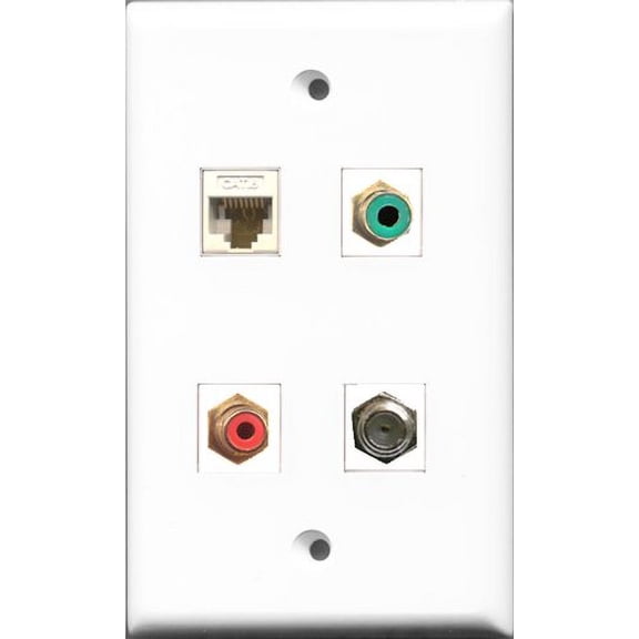 RiteAV 1 Port RCA Red and 1 Port RCA Green and 1 Port Coax Cable TV- F-Type and 1 Port Cat6 Ethernet White Wall Plate