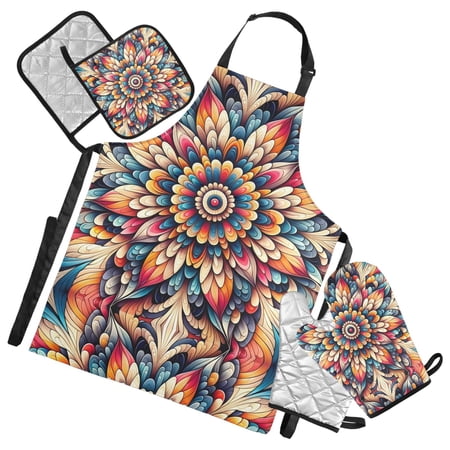Vibrant Intricate Flower 5 Pcs Kitchen Set Heat Resistant Oven Mitts and Non-Slip Pot Holders with Adjustable Cooking Apron