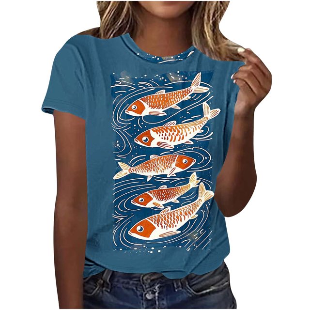 Tops de Ajuste Suelto para las Mujeres Nueva Manga Corta Cuello Redondo Suéter Caballo Casual Impreso Camiseta, Ligero Top de Verano