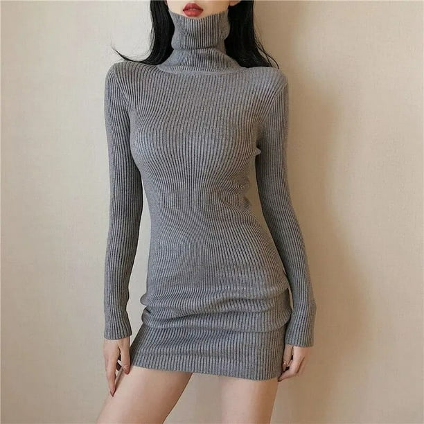 Vestido de ganchillo de cuello alto para mujer, ropa de punto, Bodycon, algodón, moda coreana