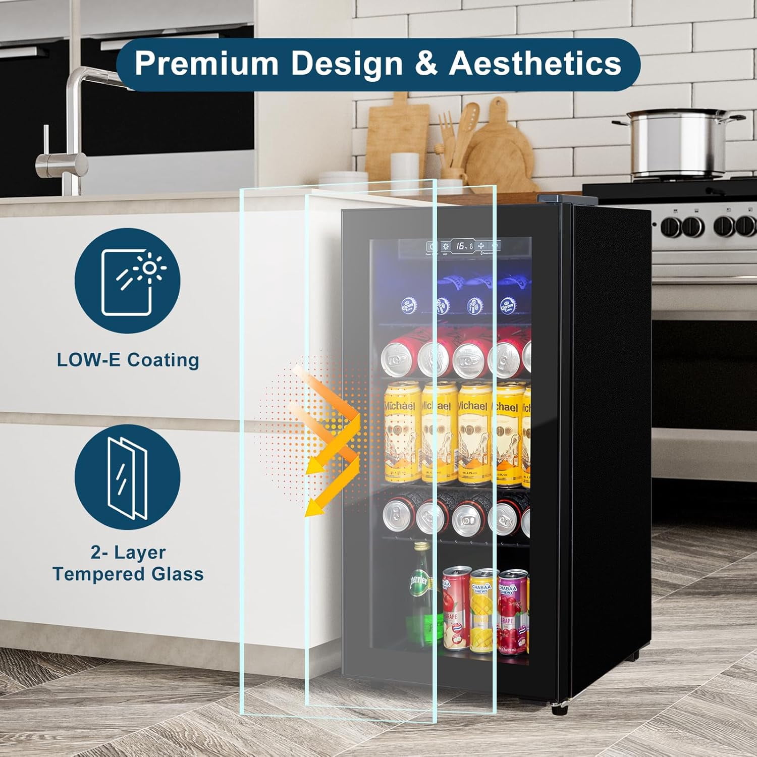 GGTB 180-Can Beverage Refrigerator Cooler, Mini Fridge with Glass Door, Digital Temperature Display, Adjustable Shelves for Beer Soda Wine, Black