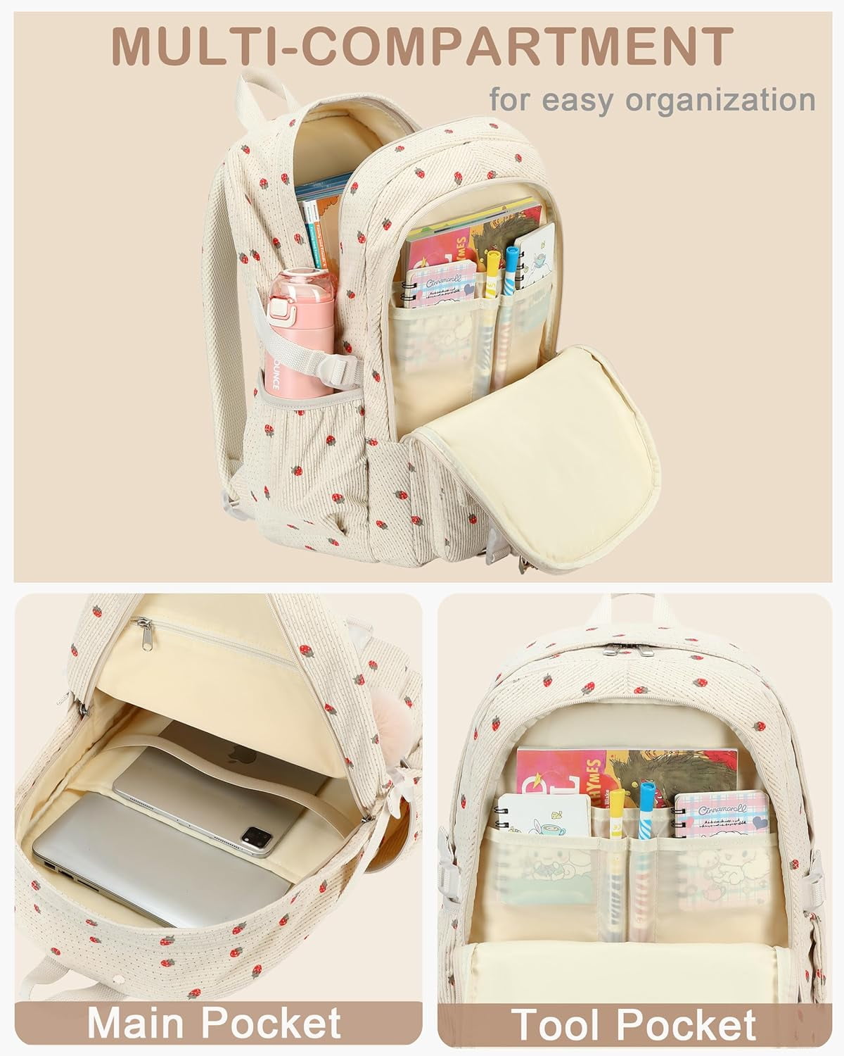 AO ALI VICTORY Women's 15.6 inch Laptop College Backpack Corduroy Work Bag Campus Bookbag Travel Backpack Women's（Beige Strawberries）