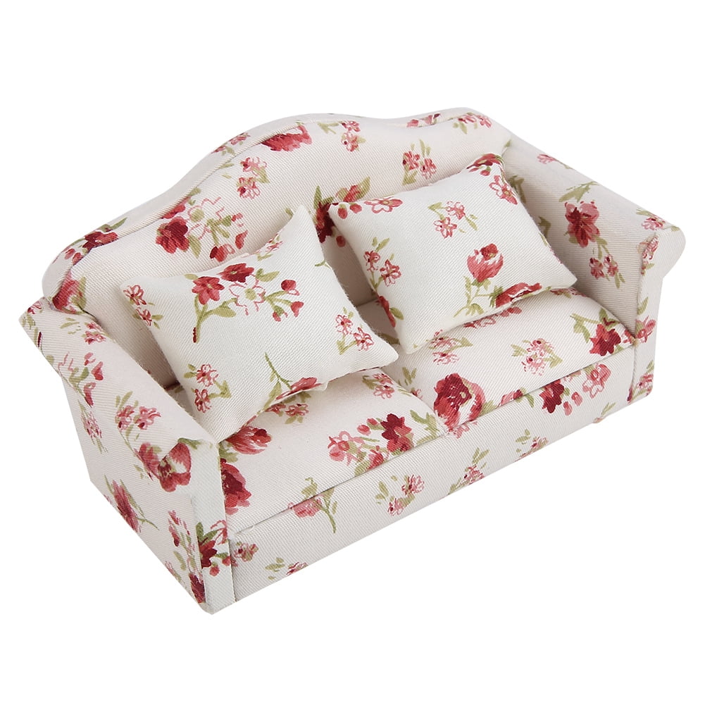 FAGINEY 1/12 Scale Dollhouse Accessories Flower Pattern Mini Furniture Sofa Set With Back