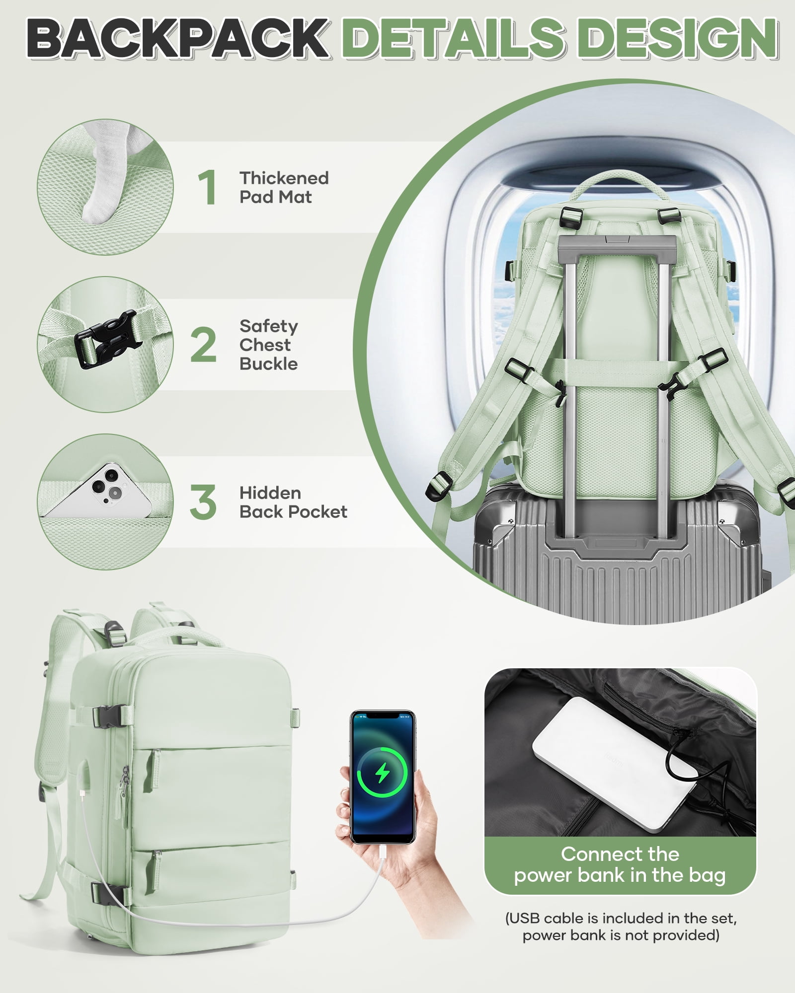 Vacuum Backpack for Travel, Vacuum Seal Carry on Backpack with Vacuum Compression, Travel Backpack with Pump for Women Men Airline Approved, Air Vacpack for Work College Daypack, Mint Green