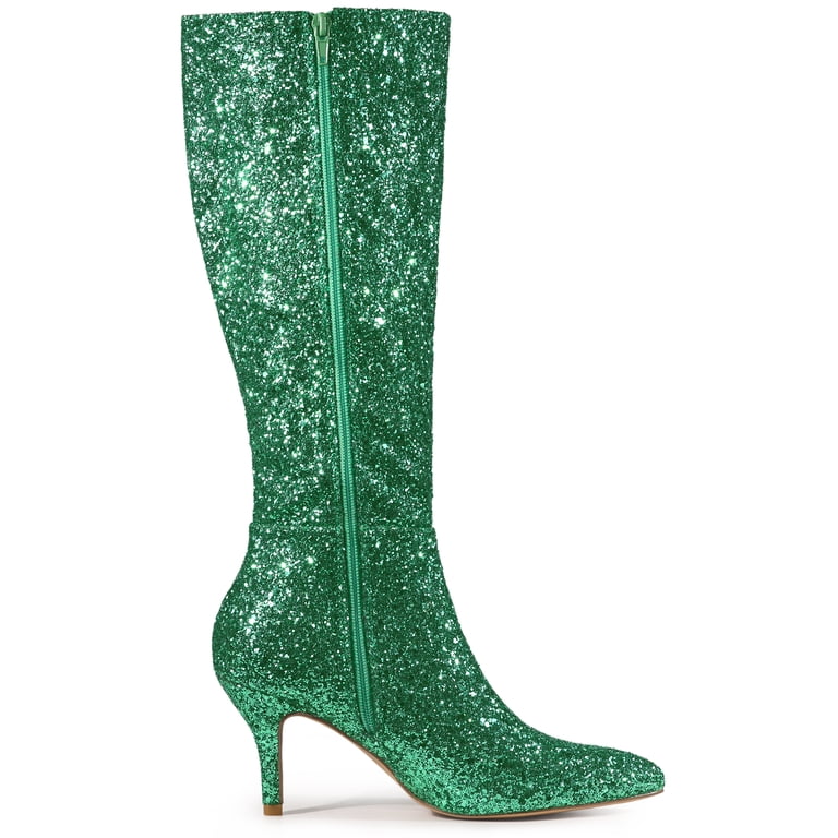Richealnana Women's Rhinestone Sparkly Knee High Boots - Pointed Toe With Tassels & Chunky 4" Heel