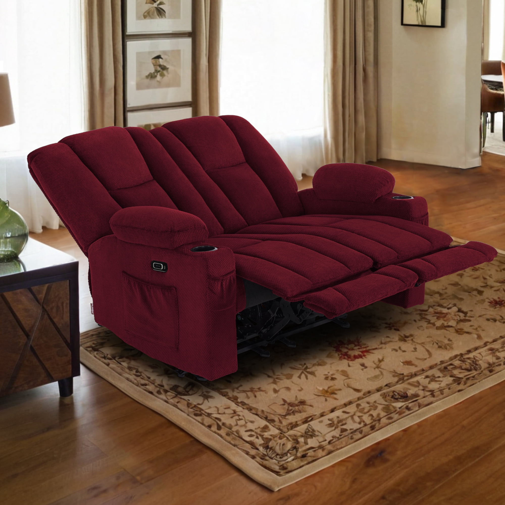 MCombo Power Loveseat Recliner w/ Massage USB Port for Living Room Burgundy Fabric 6025