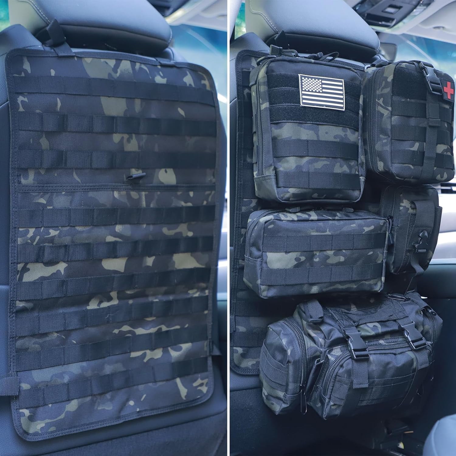 Universal Tactical Car Seat Back Organizer Bag Tactical Molle Vehicle Organizers Panel Vehicle Protector Organizers with 5 Detachable Pouches for Car Truck Ford Jeep (Black camo)