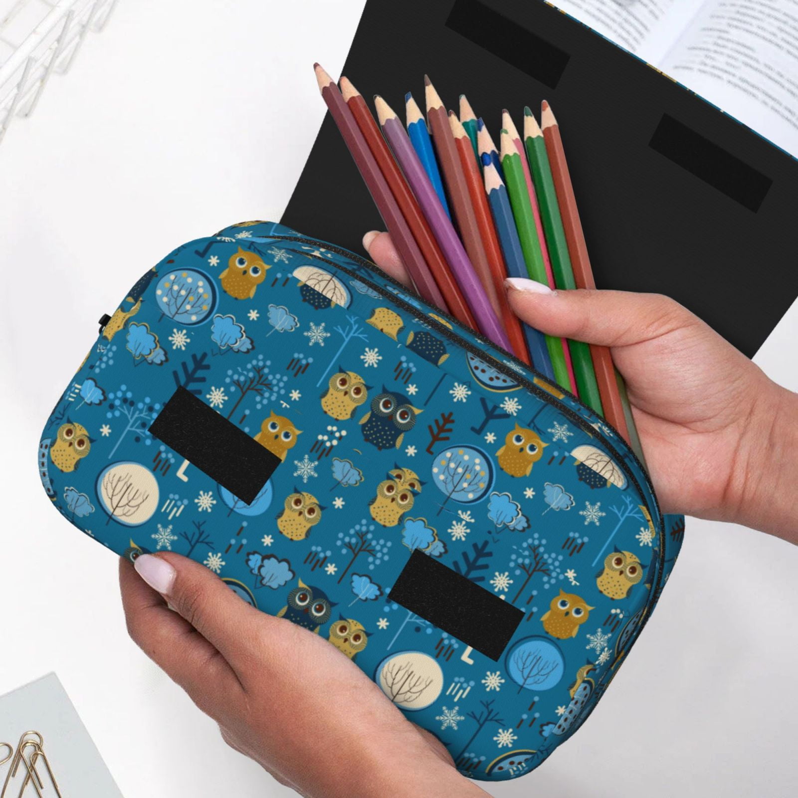 Rateoe Cute Colorful Owls And Trees Pattern Double Clamshell Pen Case, Storage Organizer with Two Zipper Compartments– Holds Up to 50 Pencils & Pens