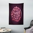 thumbnail image 1 of Live Laugh Love Tapestry, Vibrant Romantic Vintage Stamp Inspired Circle Popular Saying Print, Wall Hanging for Bedroom Living Room Dorm Decor, 40W X 60L Inches, Coral Plum White, by Ambesonne, 1 of 2