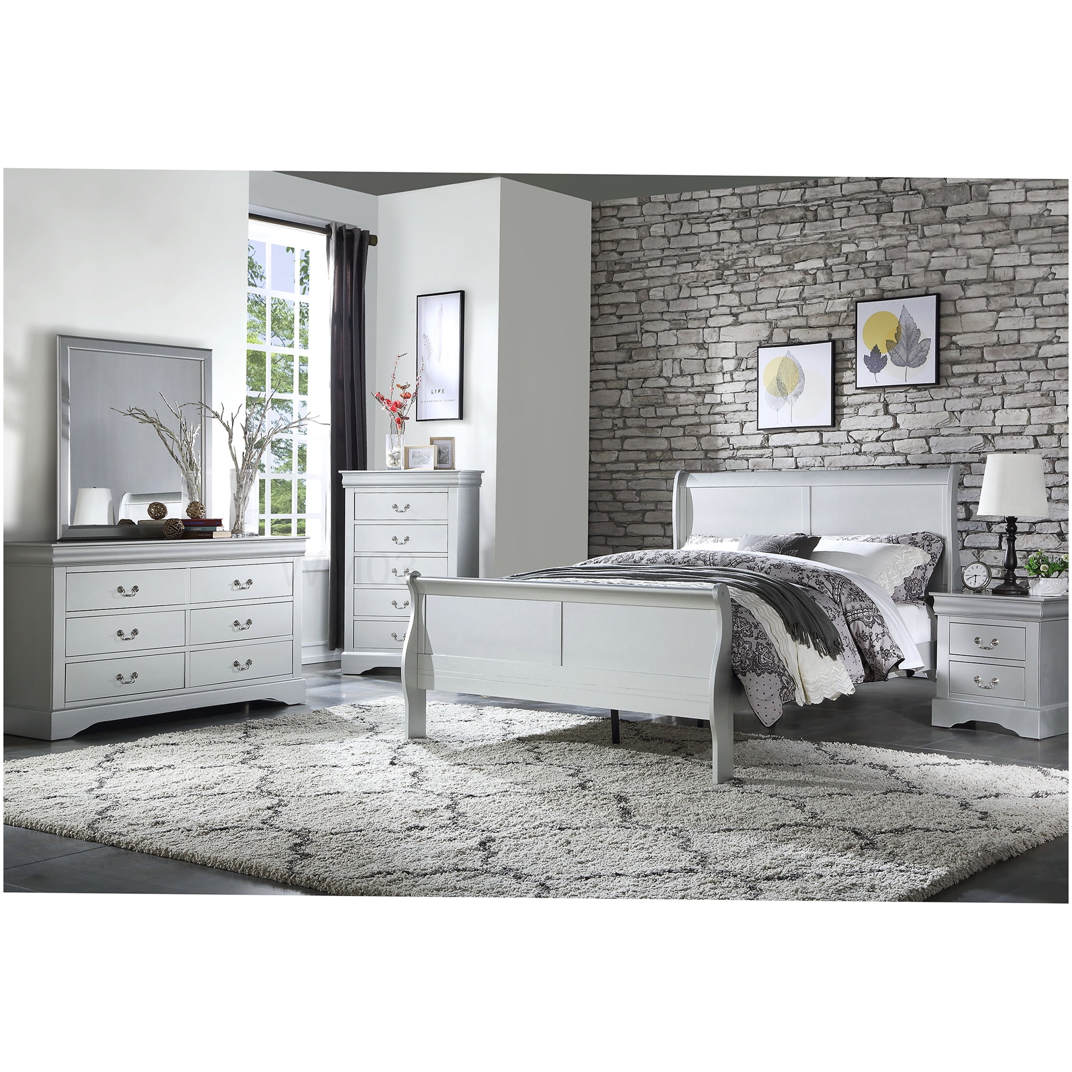 Modern King Size Bed Frame with Platinum Finish, Low Profile Sleigh Design and Built-in Slats, No Box Spring Needed Platform Base for Master Bedroom