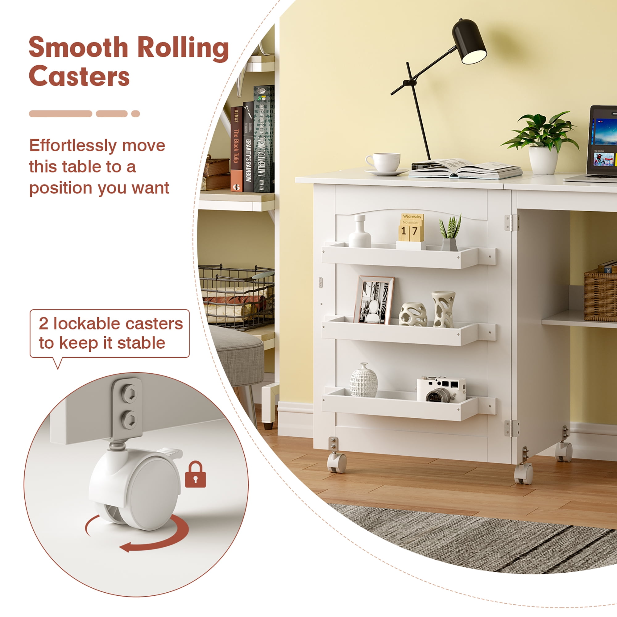 cadeninc White Folding Sewing Craft Cart with Storage Shelves and Lockable  Casters MIS-LQHG-970 - The Home Depot