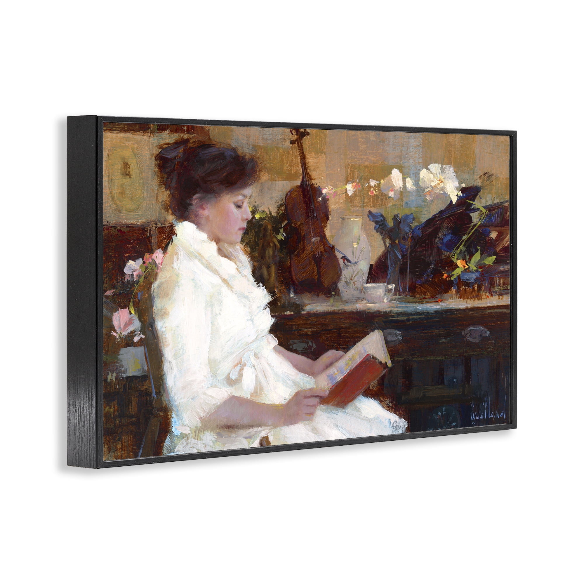 Stupell Industries Classic Girl Reading Novelty Painting Black Framed Art Print Wall Art, 18 x 12