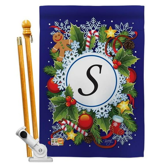 Breeze Decor BD-WT-HS-130097-IP-BO-D-US12-BD 28 x 40 in. Winter S Initial Wonderland Impressions Decorative Vertical Double Sided House Flag Set with Pole Bracket Hardware