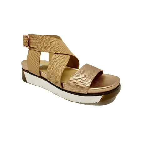 

JANE AND THE SHOE Womens Brown Woven Texture Rose Gold Adjustable Strap Crisscross Straps Metallic Padded Harper Round Toe Wedge Buckle Slingback Sandal 9.5 M