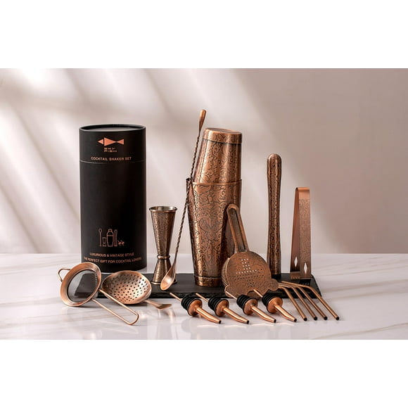 Sky Fish 3D Etched 18-Piece Bartender Kit Stainless Steel Boston Cocktail Shaker Set Copper Plated Bartending Tools Suit for Bar Tools Set Mixology E