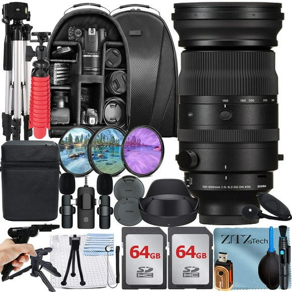 Sigma 150-600mm f/5-6.3 DG DN OS Sports Zoom Lens for Sony E Bundle with 2 Pack 64GB Memory Card + Case + Filter Kit + ZeeTech Accessory Bundle