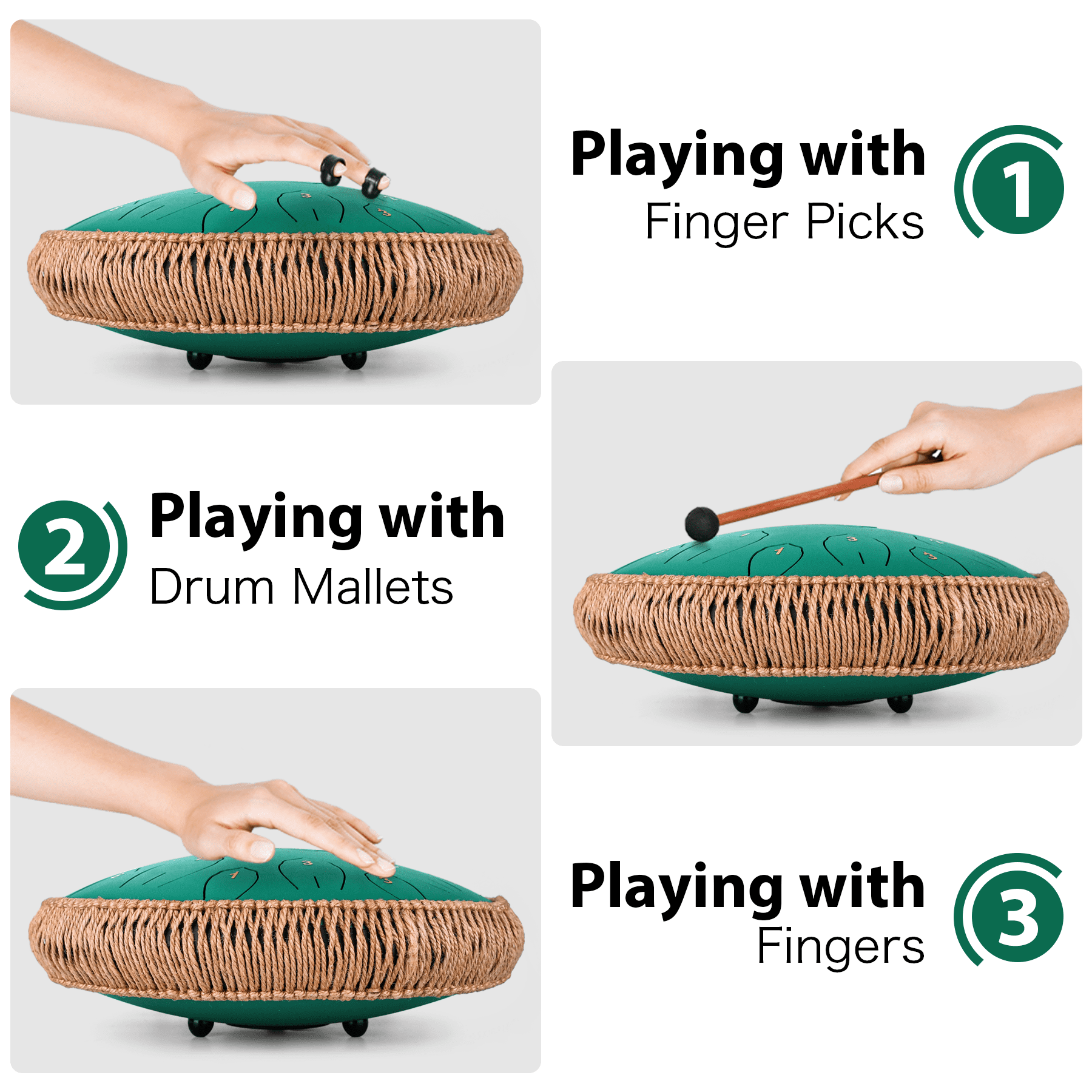 Steel Tongue Drum, 14 Inch 15 Note Tongue Drums, Handpan Drums for Adultes, Steel Drum Instrument with Music Book, Steel Handpan Drum Mallets and Carry Bag, C Major,Green
