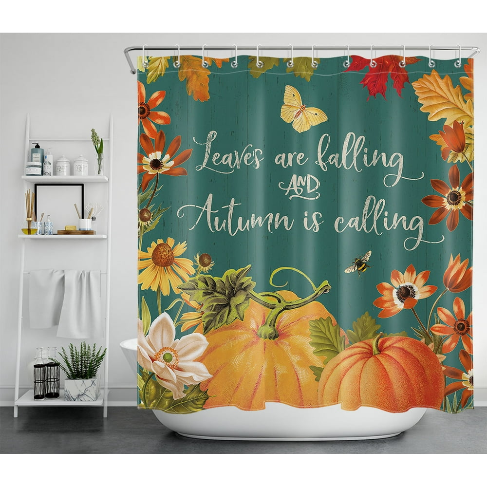 HVEST Fall Thanksgiving Shower Curtain, Autumn Pumpkin Maple Leaves and