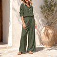 thumbnail image 2 of VISALY 2 Piece Linen Sets Women Collared Button Down Long Sleeve Shirts Drawstring Wide Leg Pants 2 Piece Outfit Set Loose Matching Tracksuit Summer Boho Beach Vacation Casual Outfits Army Green L, 2 of 4