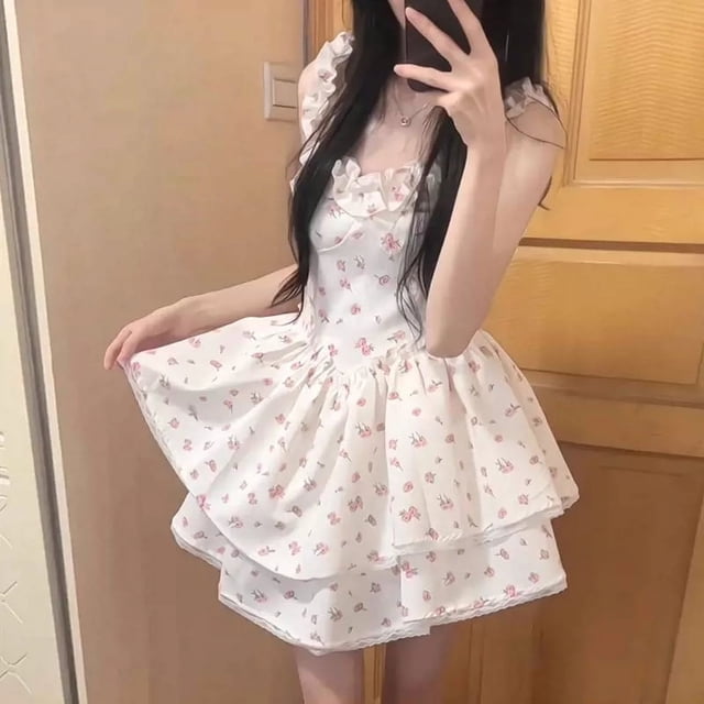 Vestidos para mujer con estampado de hongos, tirantes bonitos, estilo kawaii, corte A, para colegialas, moda de verano, estilo coreano, cintura estrecha, encaje, para chicas dulces.
