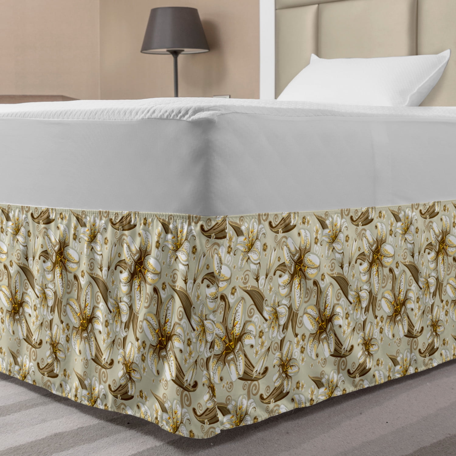 Beige Bed Skirt, Wild Distressed Lilies Floral Background Blooming