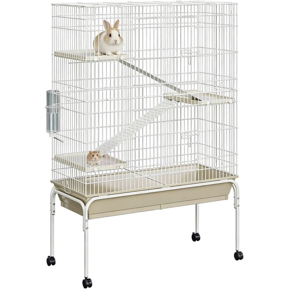 QinaQin 40-Inch Metal Small Animal Cage with Wheels – Multi-Level Habitat, Deep Tray, Removable Ramps, Easy Cleaning, Secure, Includes Water Bottle & Food Bowl,White