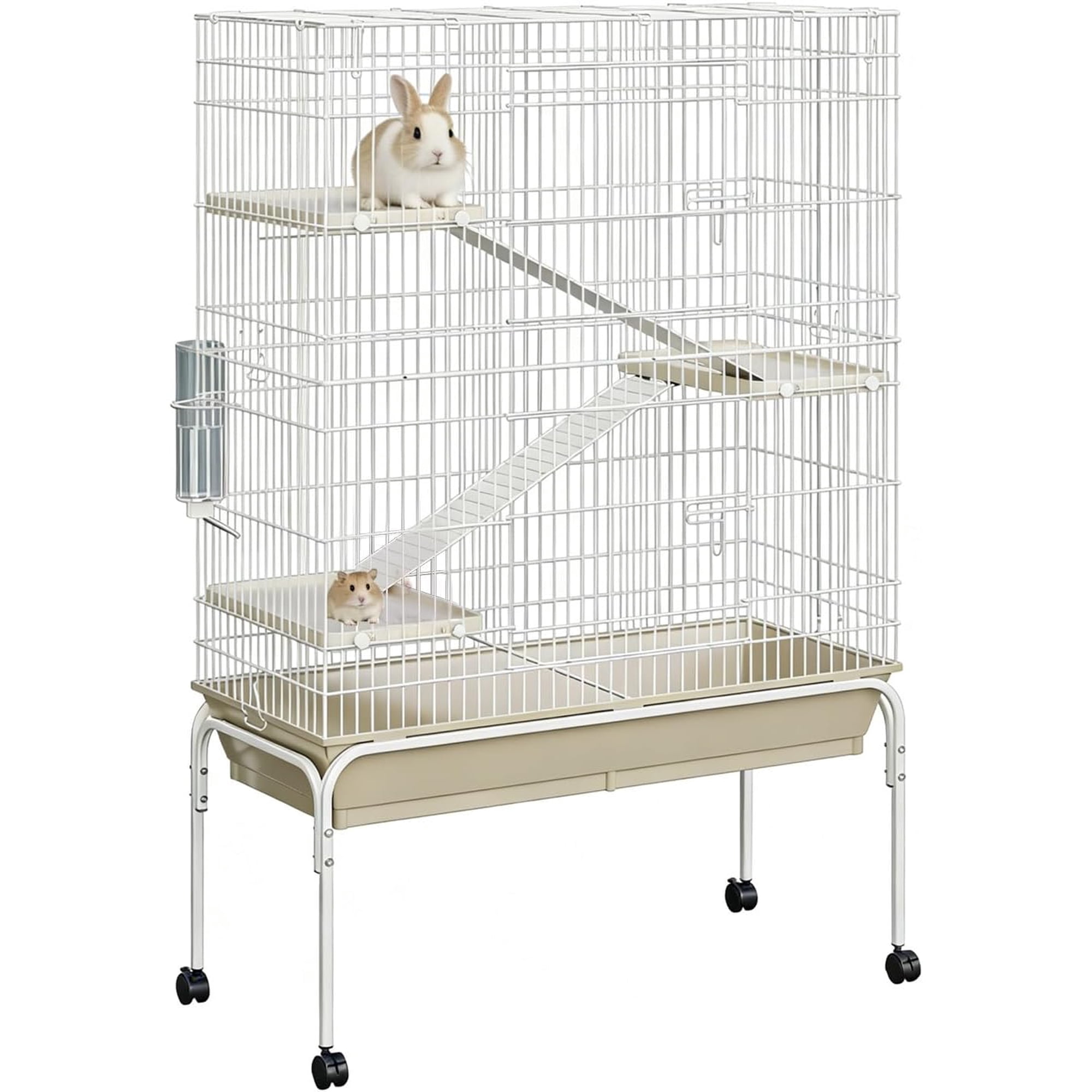 QinaQin 40-Inch Metal Small Animal Cage with Wheels – Multi-Level Habitat, Deep Tray, Removable Ramps, Easy Cleaning, Secure, Includes Water Bottle & Food Bowl,White