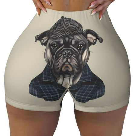 Workout Shorts Women  Hipster Bulldog Illustration Biker Shorts for Women Running Gym Spandex Shorts Tummy Control