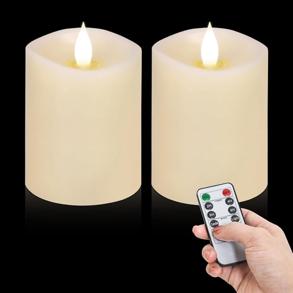 3x4 Flickering Flameless Candles Set of 2,Real Wax LED Battery Candles,with Timer,4 inch Flameless Candles with Remote,Battery Operated Candles,for Wedding Holiday Home Decor,Ivory