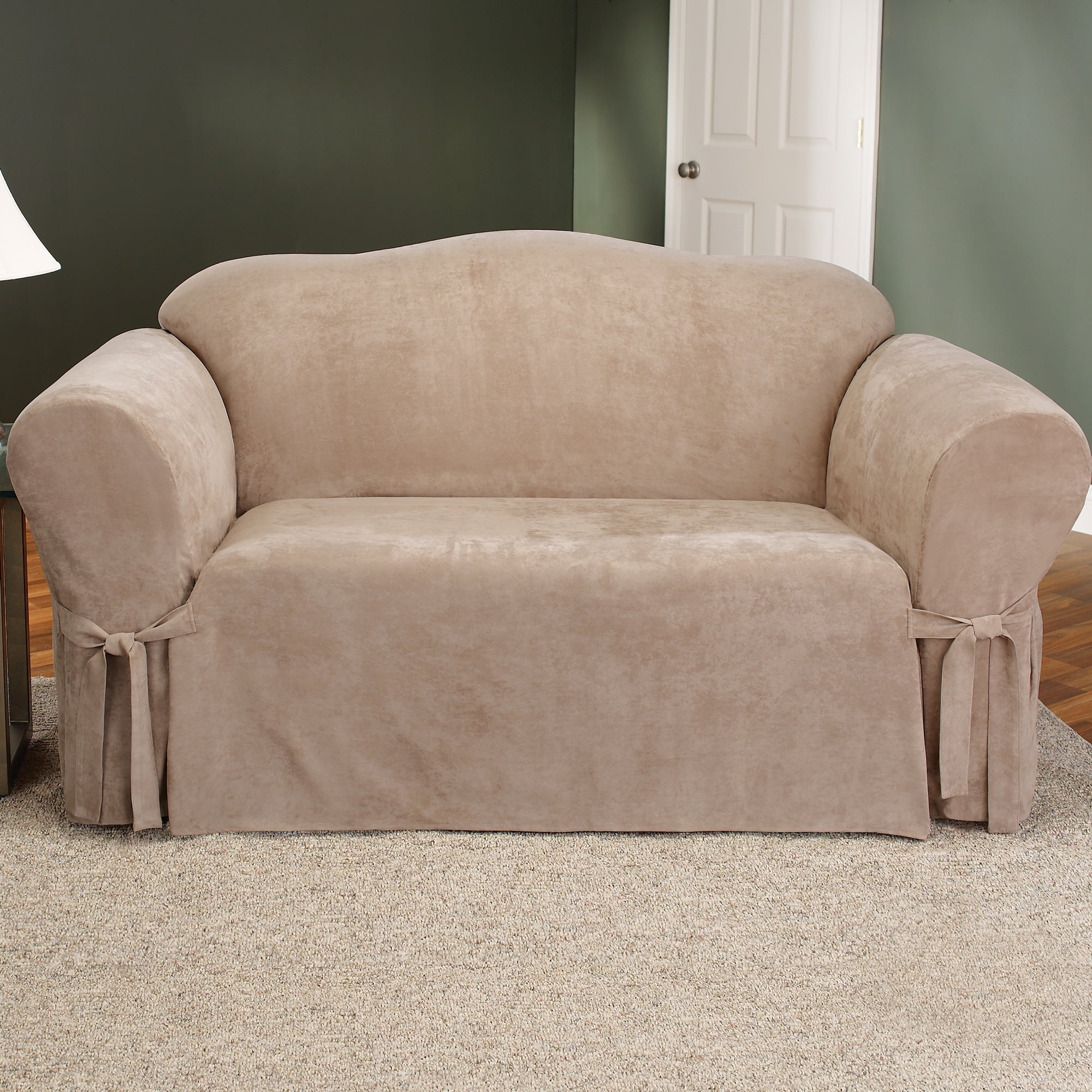 Sure Fit Soft Suede Loveseat Slipcover in Taupe/Tan Box Style Seat Cushion 1PC 