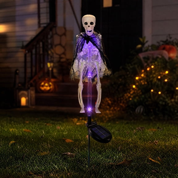 Halloween Solar Skeleton Garden Stake Light, LED Glowing Skeleton Figure with Mesh Cape, Outdoor Yard Lawn Pathway Holiday Decoration, Purple