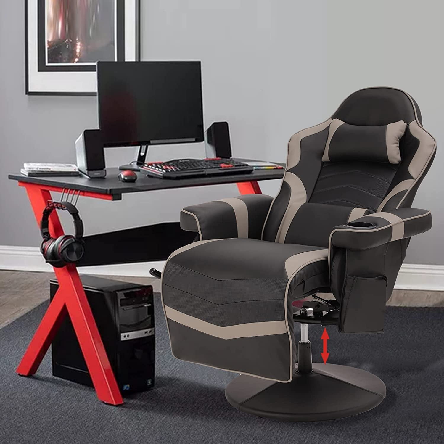 LVUYOYO Massage Video Gaming Recliner Chair Ergonomic Backrest & Seat Height Adjustment Swivel Recliner PU Leather High Back Computer Office Chair with Cupholder, Headrest, Lumbar Support, Footrest