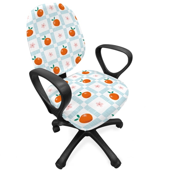 Fruit Office Chair Slipcover, Doodle Style Oranges Blush Blossoms Squares with Sketch Lines Pattern, Protective Stretch Decorative Fabric Cover, Standard Size, Pale Vermilion Pale Blue, by Ambesonne