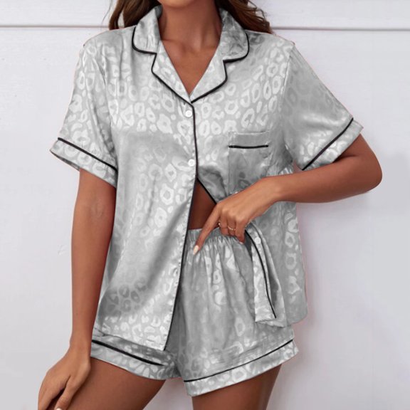 LIZUOJUN Fashion Stylish Satin Pajamas for Women Fashion Print Short Sleeve Shorts Button Down Silk Feel Sleepwear Loungewear 2 Piece PJ Set Summer Spring Warm Weather - 3XL
