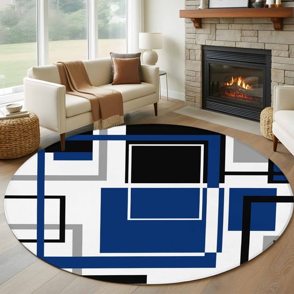 Round Area Rug 6 Ft, Blue Black Geometric Washable Non-Slip Circle Carpet for Living Room/Bedroom, Modern Minimalist Abstract Stripes Low-Profile Indoor Mats Collection Rugs for Residential
