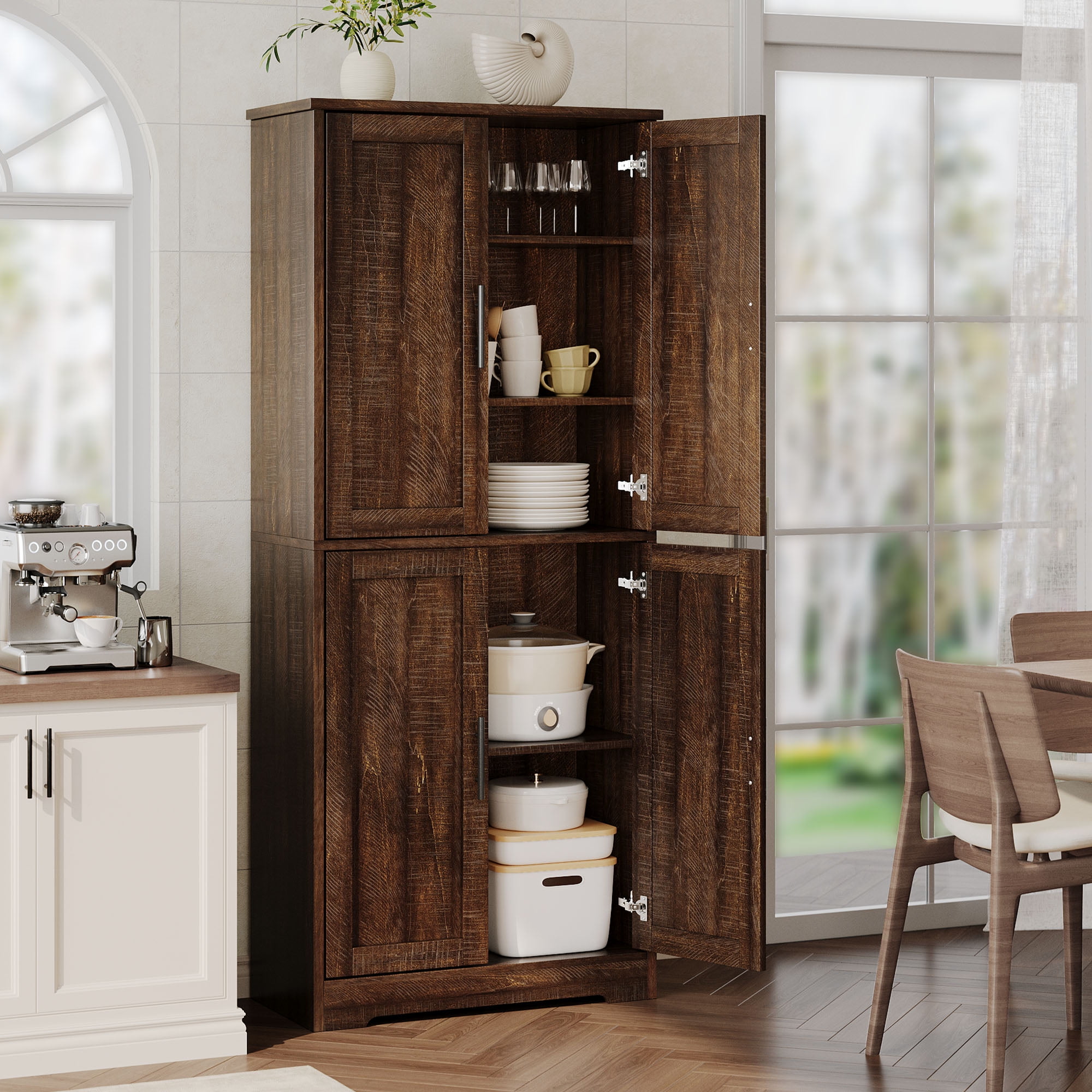 Modern Tall Freestanding Pantry Cabinet, Multipurpose Home Organizer – 70" Storage Cupboard with 4 Doors, Adjustable Shelves, Open Shelf – for Living Room, Bedroom, Bathroom – Brownish-red