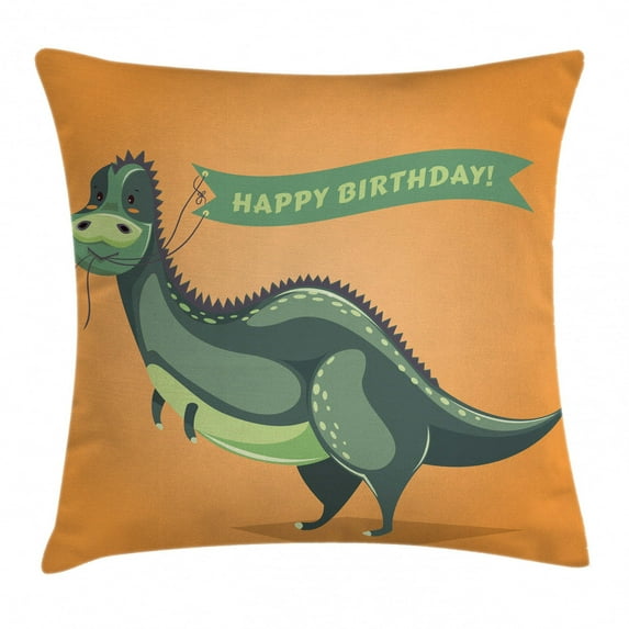 Birthday Decorations Throw Pillow Cushion Cover, Funny Cartoon Dinosaur Holding Ribbon Birthday Greetings, Decorative Square Accent Pillow Case, 20 X 20 Inches, Green Light Green Orange, by Ambesonne