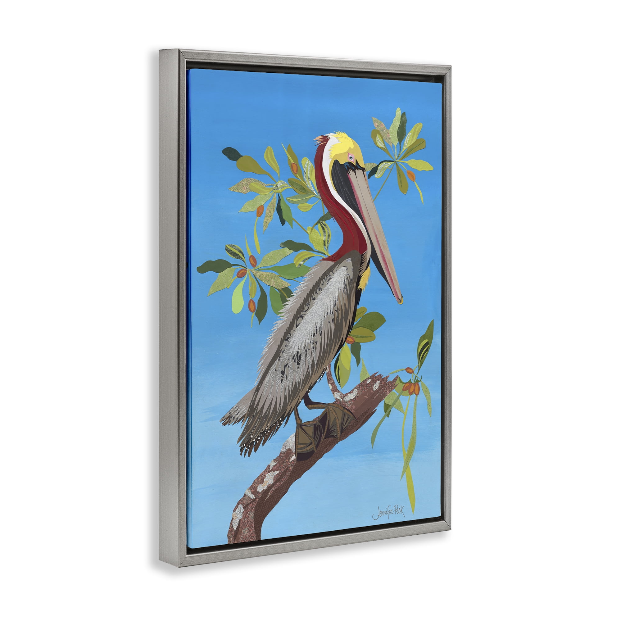 Stupell Industries Brown Pelican on Tree Animals & Insects Painting Gray Floater Framed Canvas Art Print Wall Art, 21 x 31