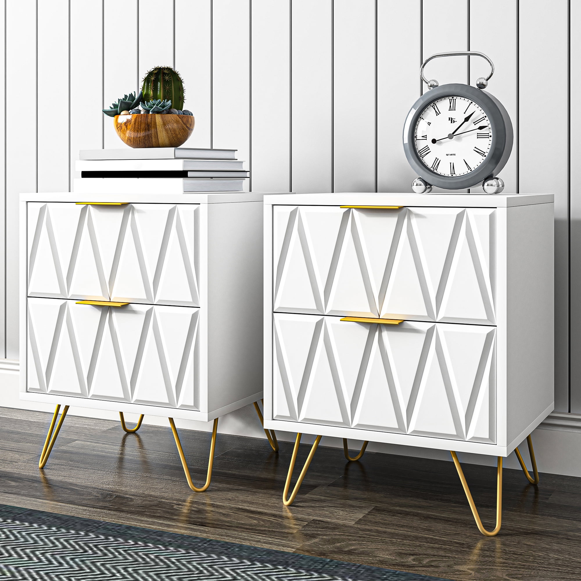 Resenkos 2-Piece Geometric Pattern Nightstands with Gold Hairpin Legs & Brass Handles, Modern Bedside Storage Cabinets for Bedroom, White