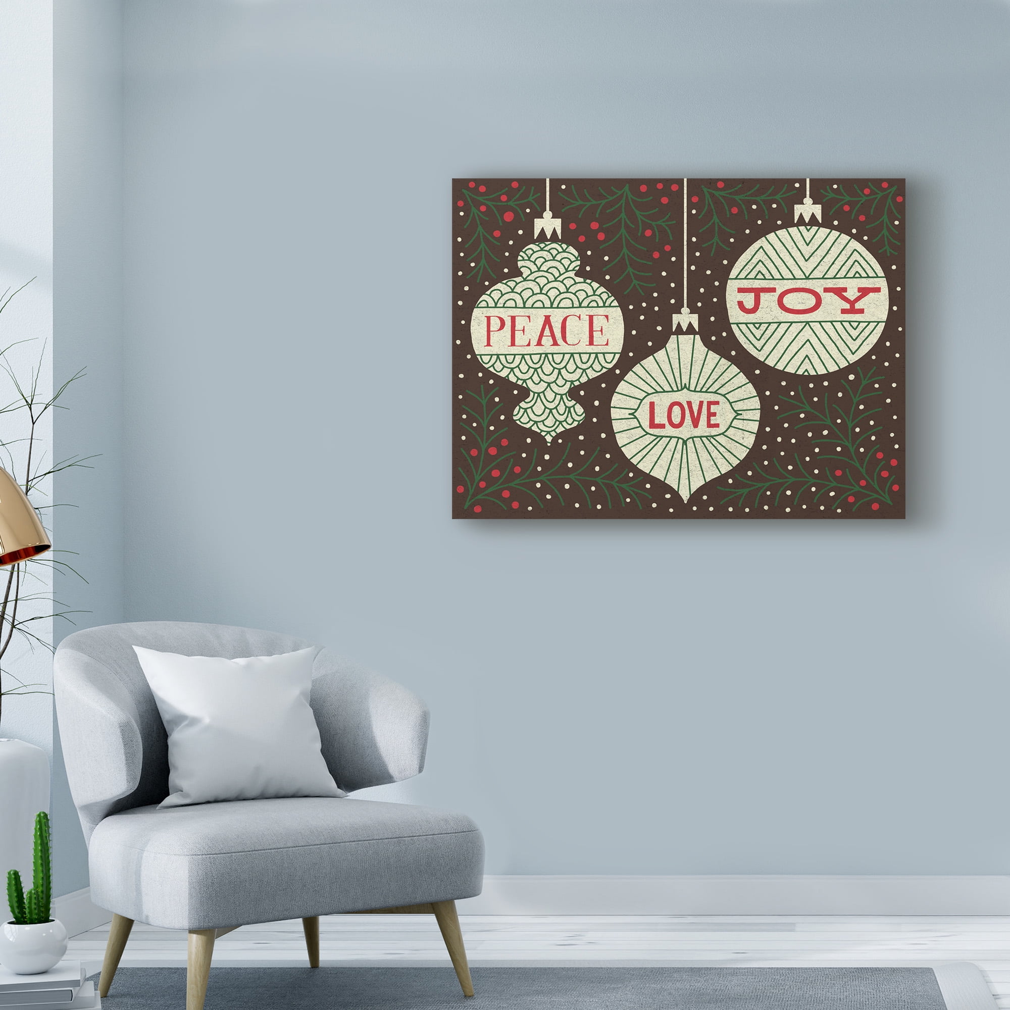 Trademark Fine Art 'Jolly Holiday Ornaments Peace Love Joy' Canvas Art by Michael Mullan